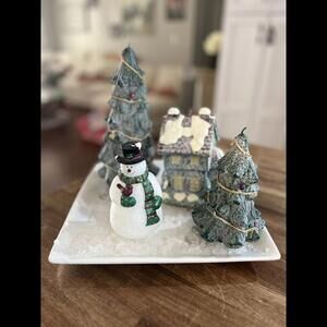 Jcpenny Home Collection Snowman Holiday‎ Candle Garden Trees House Plate